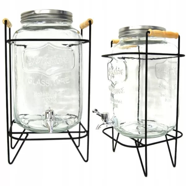 𝗖𝗘𝗦𝗧𝗜𝗡𝗢 𝟱 𝗟𝘁𝘀. 𝘆 𝟴 𝗟𝘁𝘀. - Dispensador con hielera. Envase de vidrio. Soporte de metal. Caño plastimetal. Hielera de acrílico.