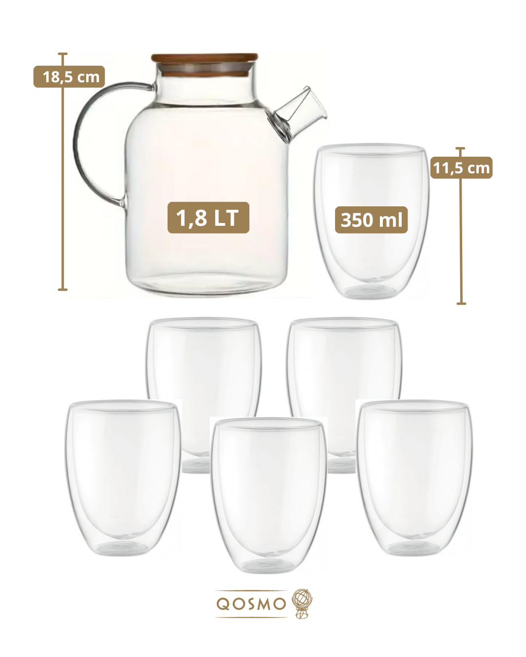 BAMBÚ V350 - Set 7 Piezas Vidrio Borosilicato: 1 tetera 1.8 Lts + 6 vasos insulados 350 ml