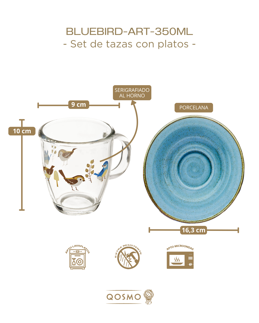 BLUEBIRD 350 ML | Set de 6 Tazas con Platos Artisan de Porcelana