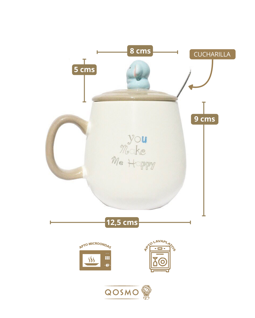 ELEFANTE FELIZ - 350 ml Taza 3D de cerámica con tapa y cucharilla