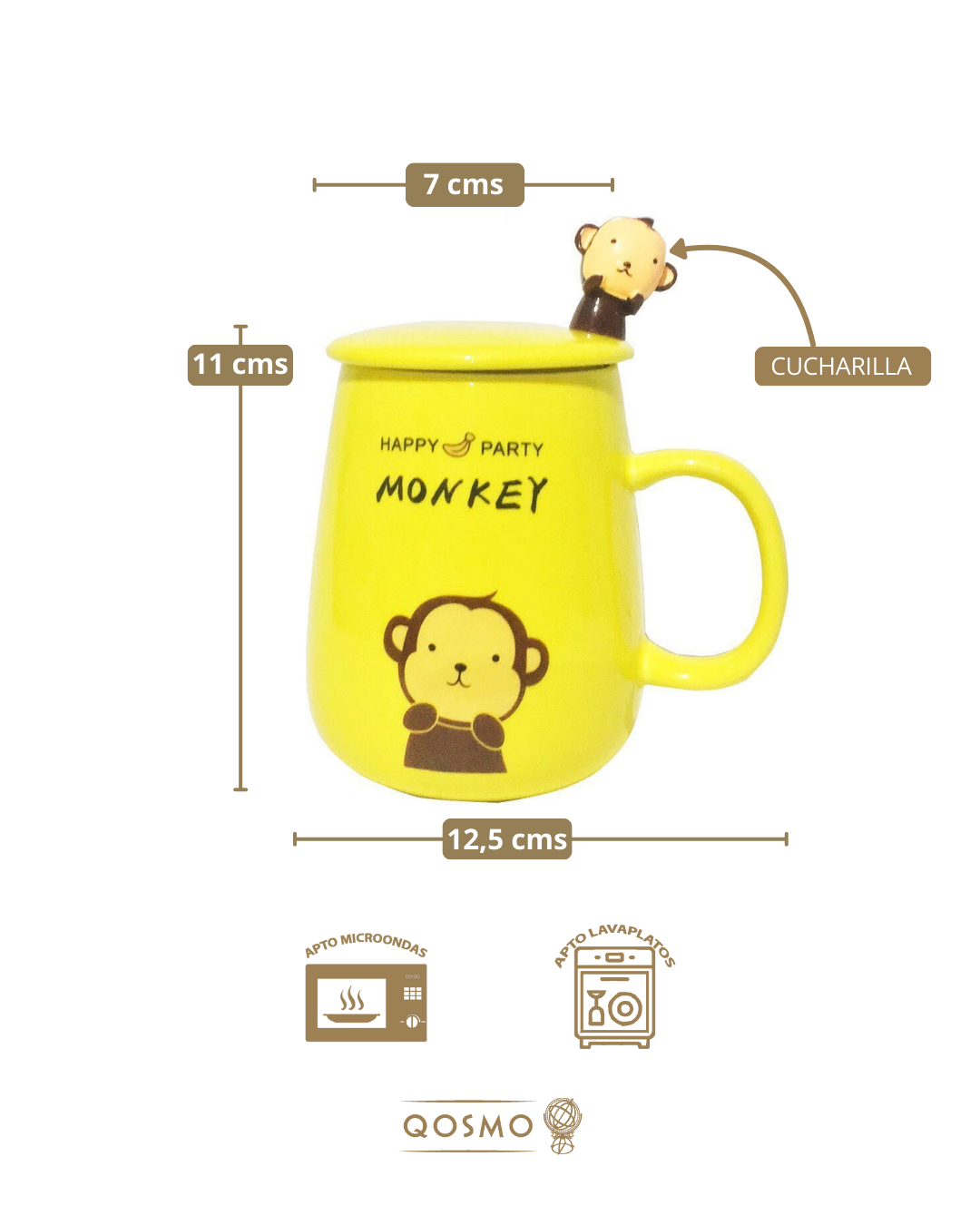 MONKEY PARTY - 400 ml Taza 3D de cerámica con tapa y cucharilla