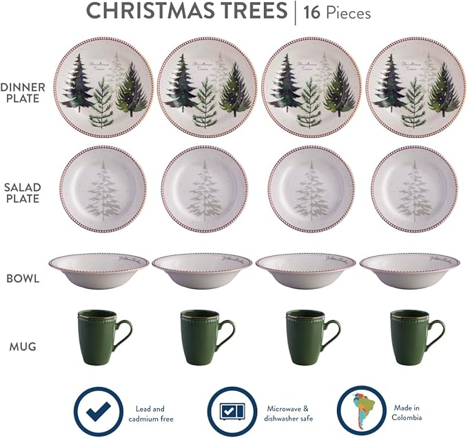 Vajilla Navidad GOLDEN CHRISTMAS con bordes dorados - 16 Piezas | Diseño de Pinos