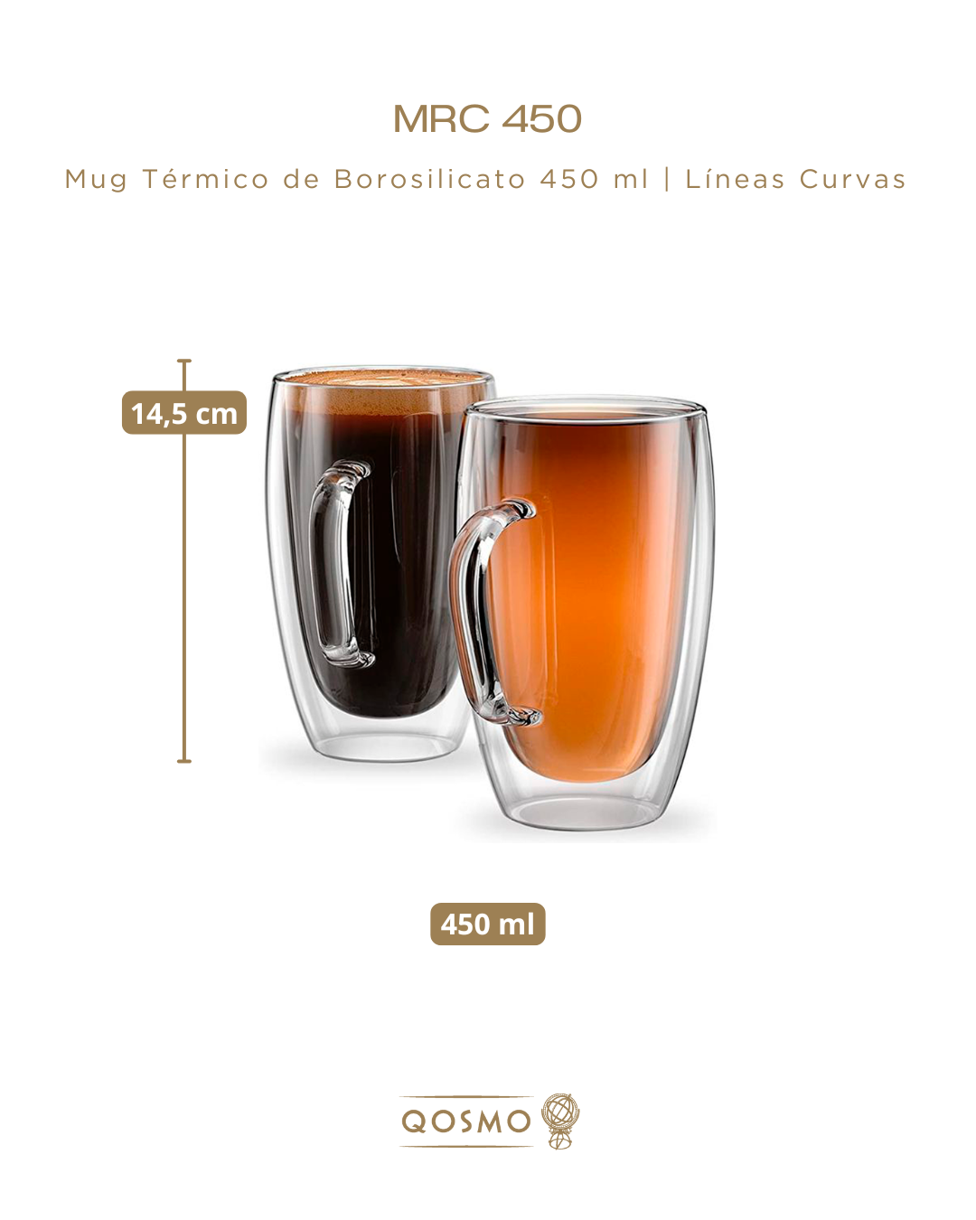 MUG TÉRMICO 450 ML | Doble Pared Borosilicato | Líneas Curvas