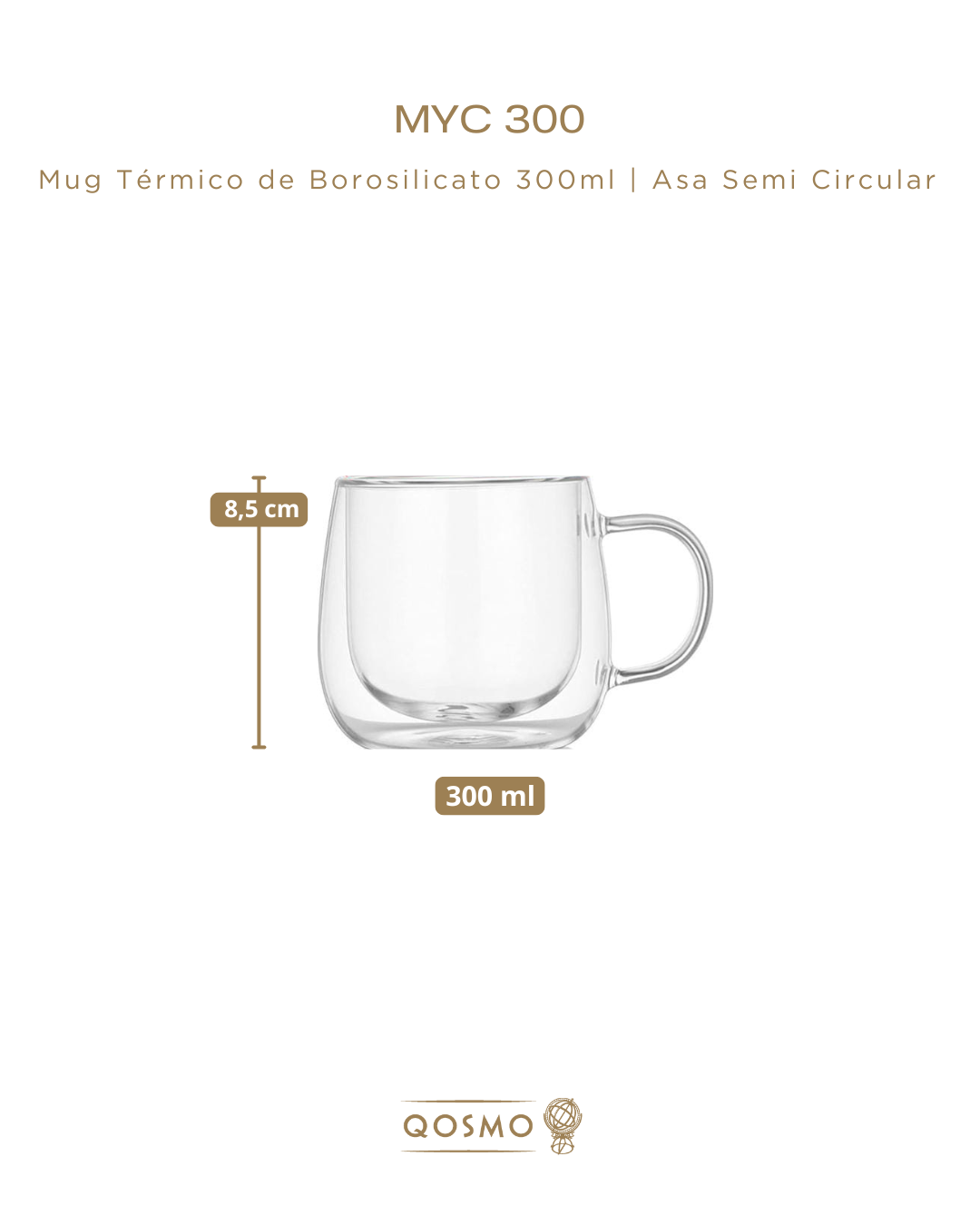 MUG TÉRMICO 300 ML | Doble Pared Borosilicato | Asa Circular