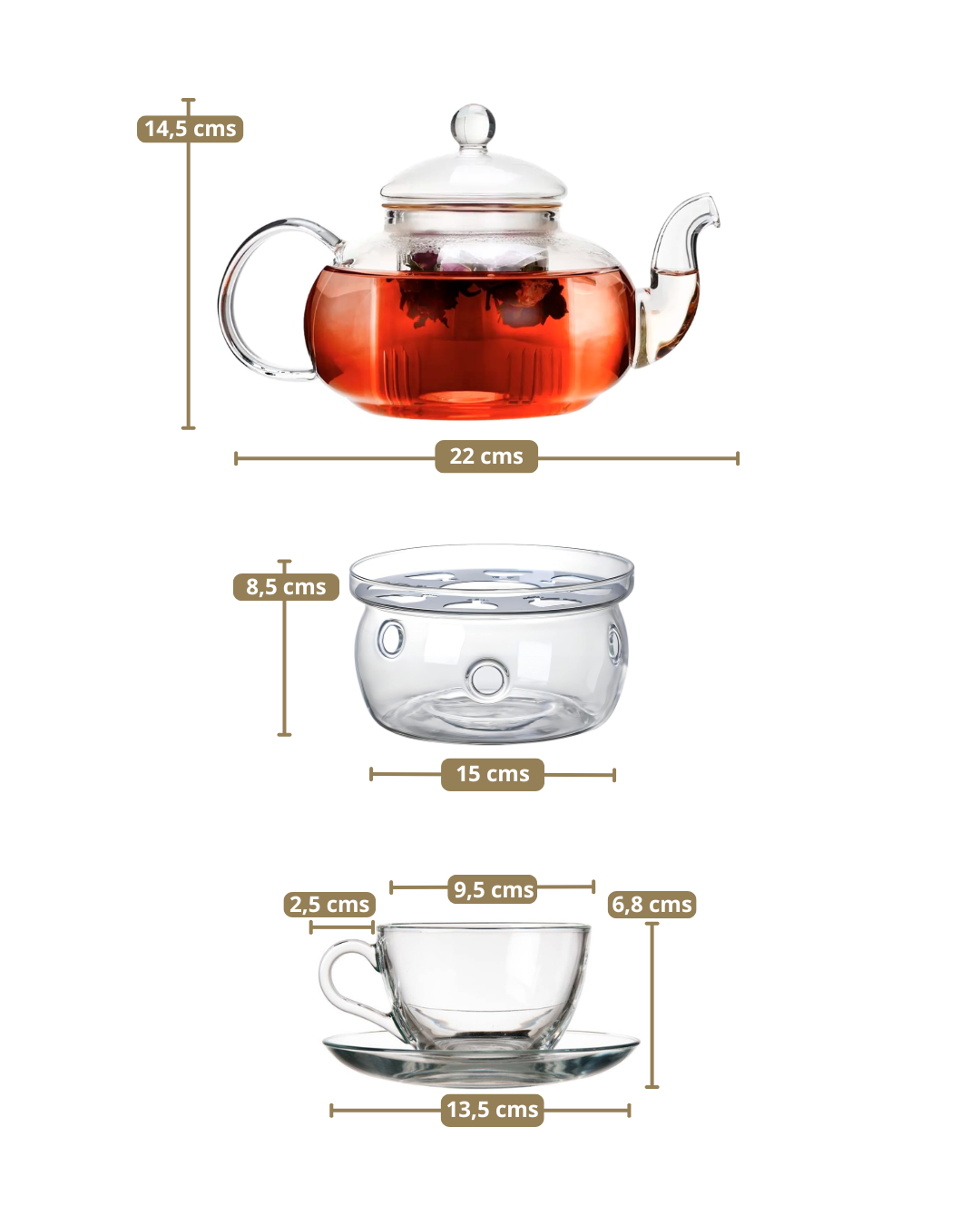 Medidas de tetera ZEN calentador HT y tazas con plato STAR