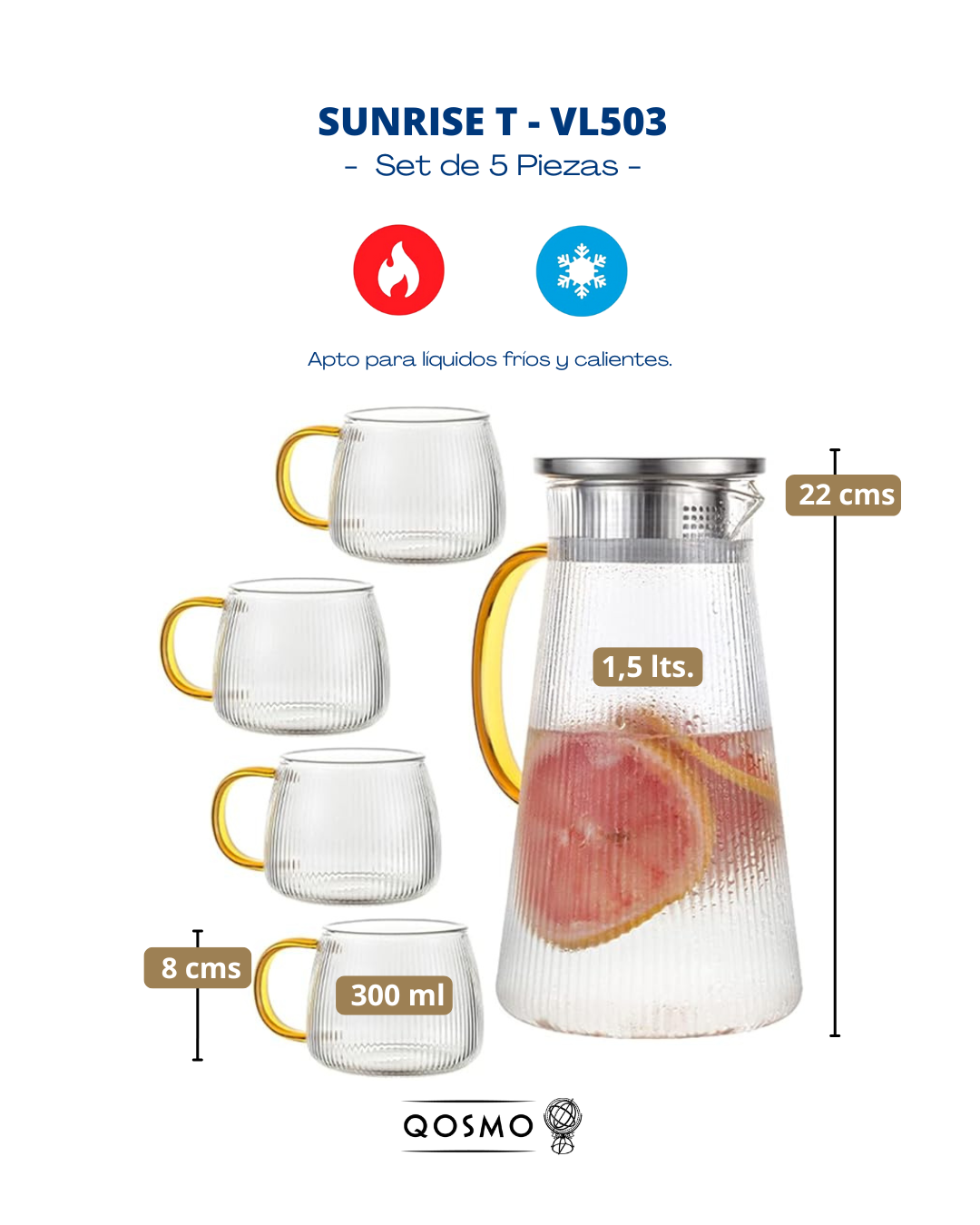 SUNRISE TEXTURE VL503 - Set 5 Piezas Vidrio Borosilicato con relieve acanalado: 1 jarra tetera 1.5 lts + 4 Tazas 300 ml