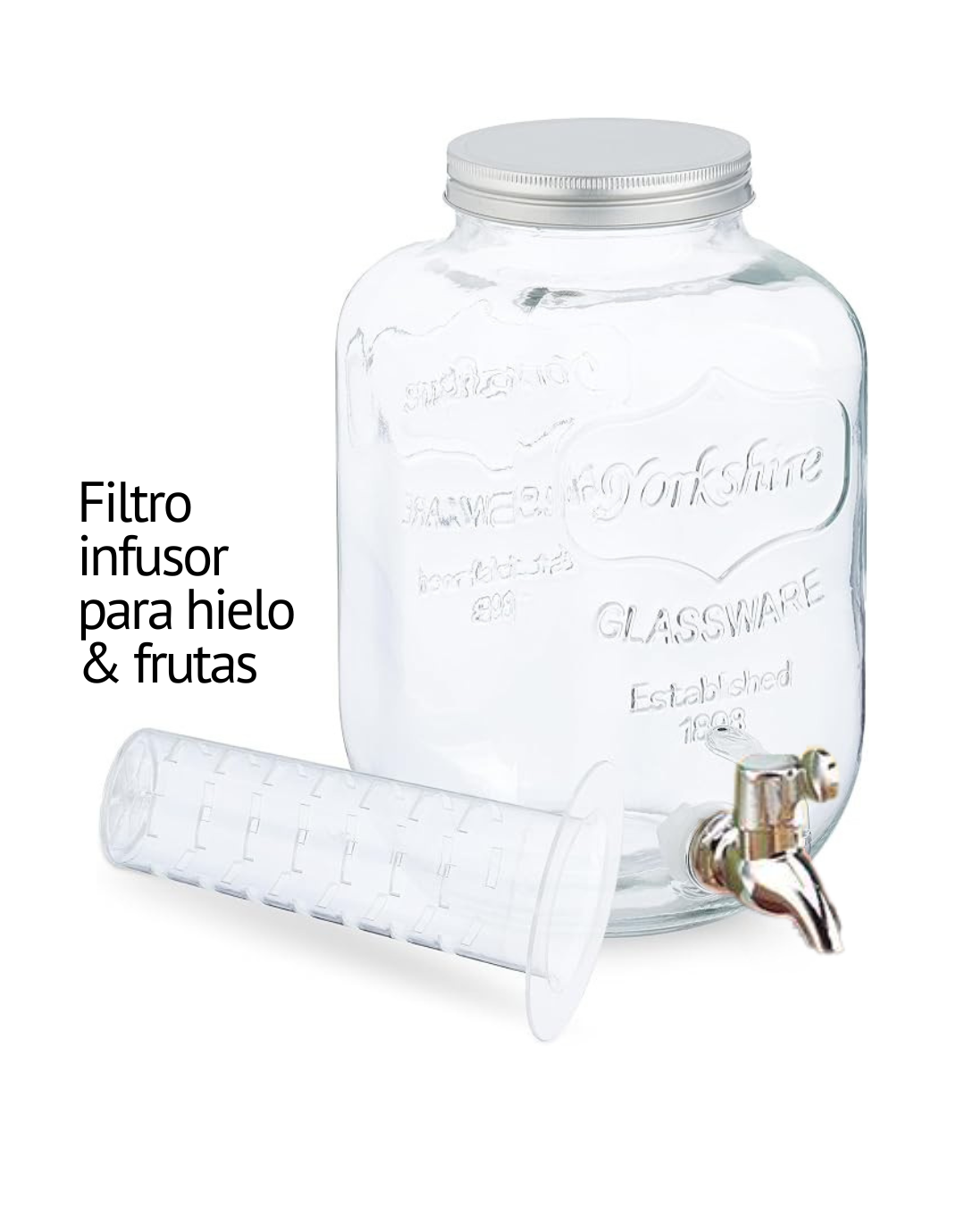 𝗖𝗘𝗦𝗧𝗜𝗡𝗢 𝟱 𝗟𝘁𝘀. 𝘆 𝟴 𝗟𝘁𝘀. - Dispensador con hielera. Envase de vidrio. Soporte de metal. Caño plastimetal. Hielera de acrílico.