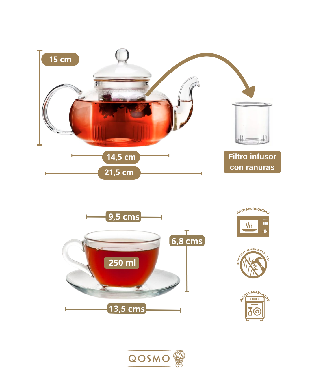 ZEN ST - Combo: 1 Tetera con infusor 1 Lt + 6 Tazas 240 ml + 6 platillos té