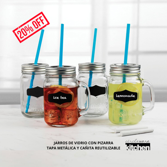 𝗠𝗔𝗦𝗢𝗡 𝗝𝗔𝗥 𝗣𝗜𝗭𝗔𝗥𝗥𝗔 𝟱𝟬𝟬 𝗺𝗹 | Vasos | Jarros de vidrio con tapa de metal. Incluye sorbete.