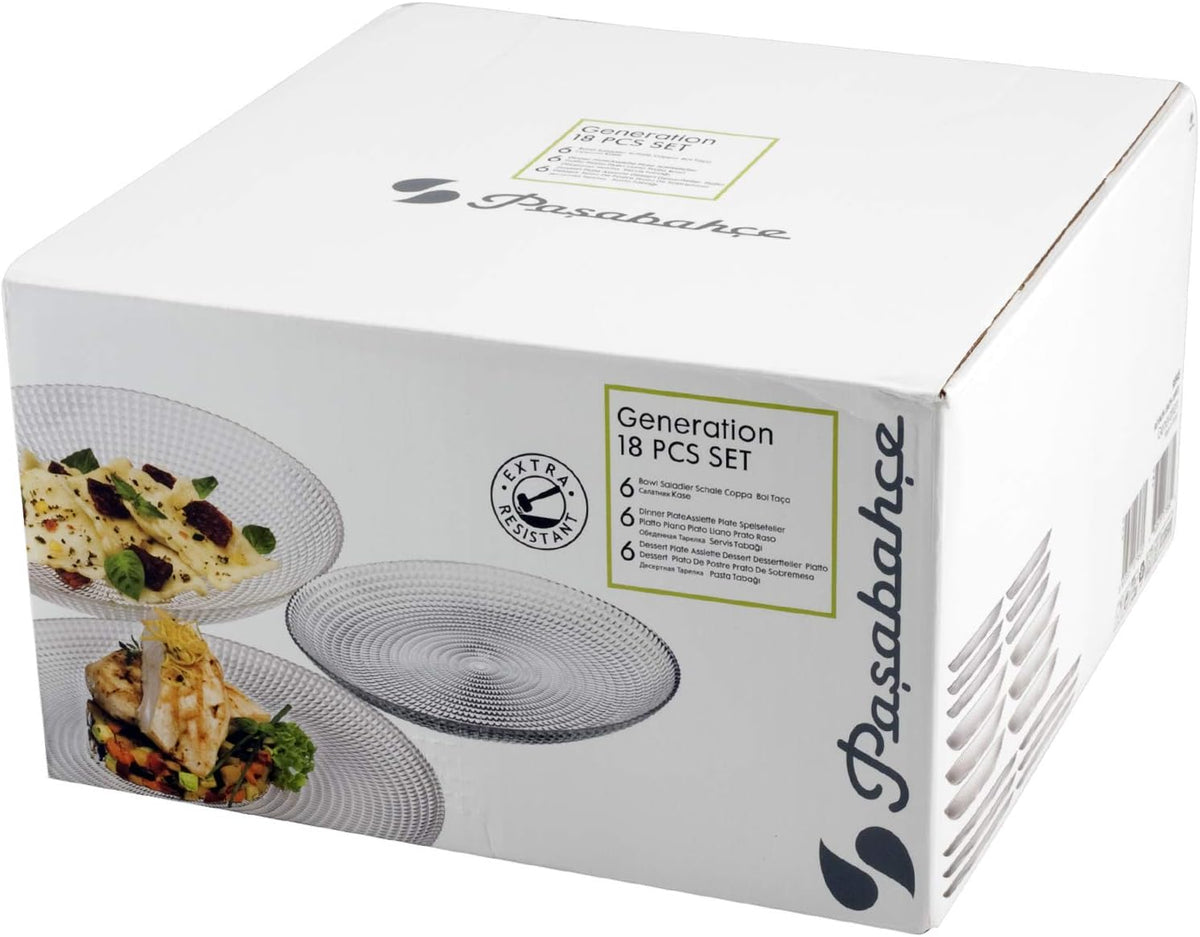 𝗚𝗘𝗡𝗘𝗥𝗔𝗧𝗜𝗢𝗡 - 𝗦𝗲𝘁 𝟭𝟴 𝗽𝗹𝗮𝘁𝗼𝘀 | Paşabahçe - Turquía | 6 Tendidos 27 cm + 6 Hondos 22 cm + 6 Postre 19 cm