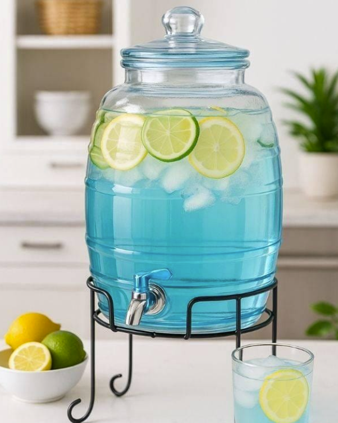 𝗕𝗮𝗿𝗿𝗲𝗹 𝗖𝗲𝗹𝗲𝘀𝘁𝗲 𝟭𝟬 𝗟𝘁𝘀. - Dispensador de vidrio con soporte de metal.