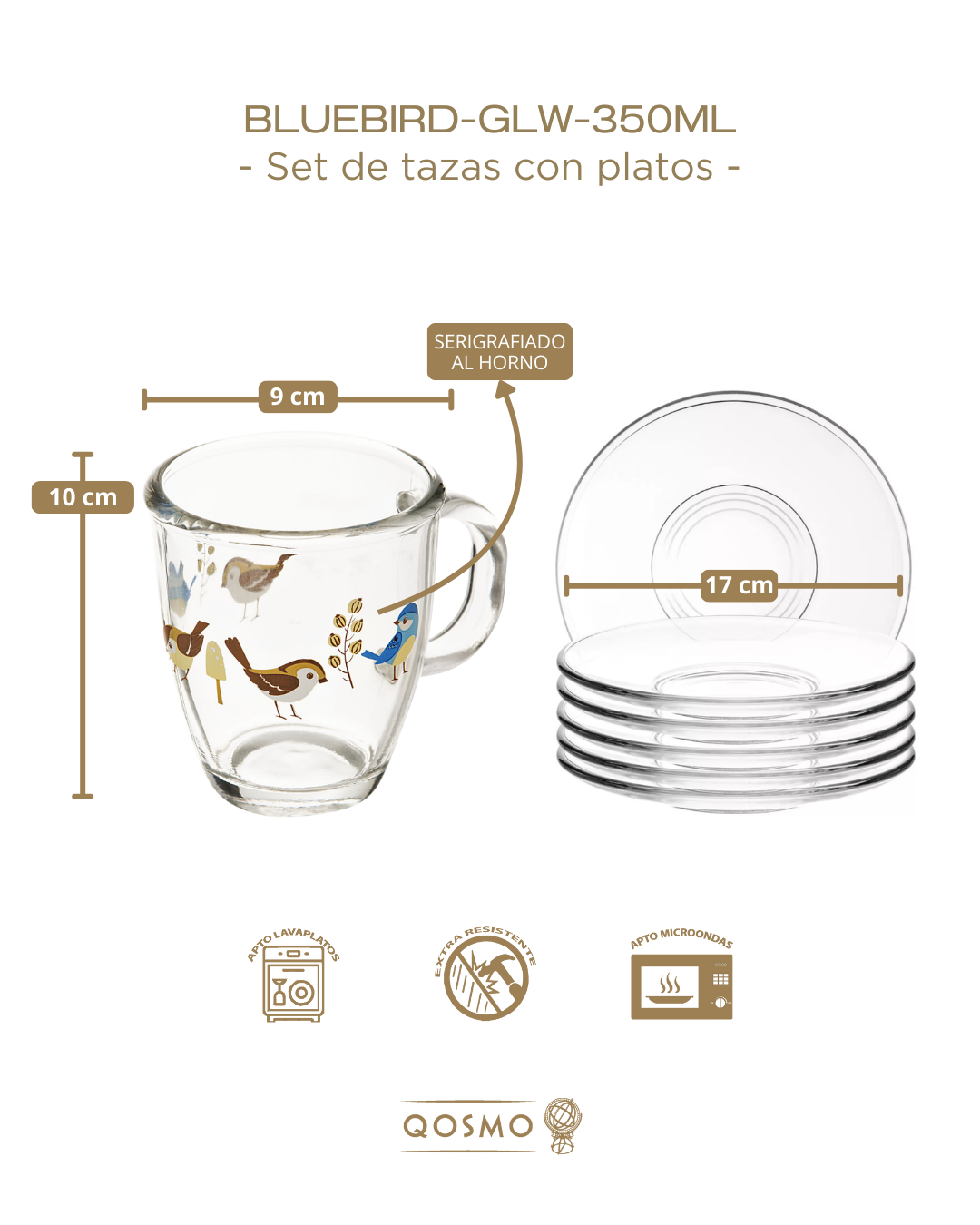BLUEBIRD 350 ML | Set de 6 Tazas con Platos en Vidrio Templado - Glassware