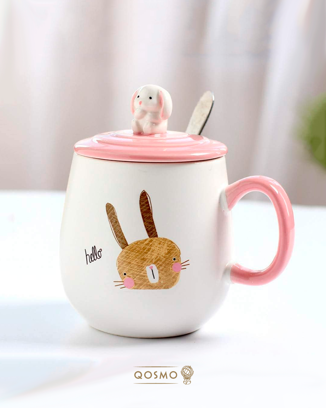 BUNNY FM-001 400 ml Taza 3D de cerámica con tapa y cucharita
