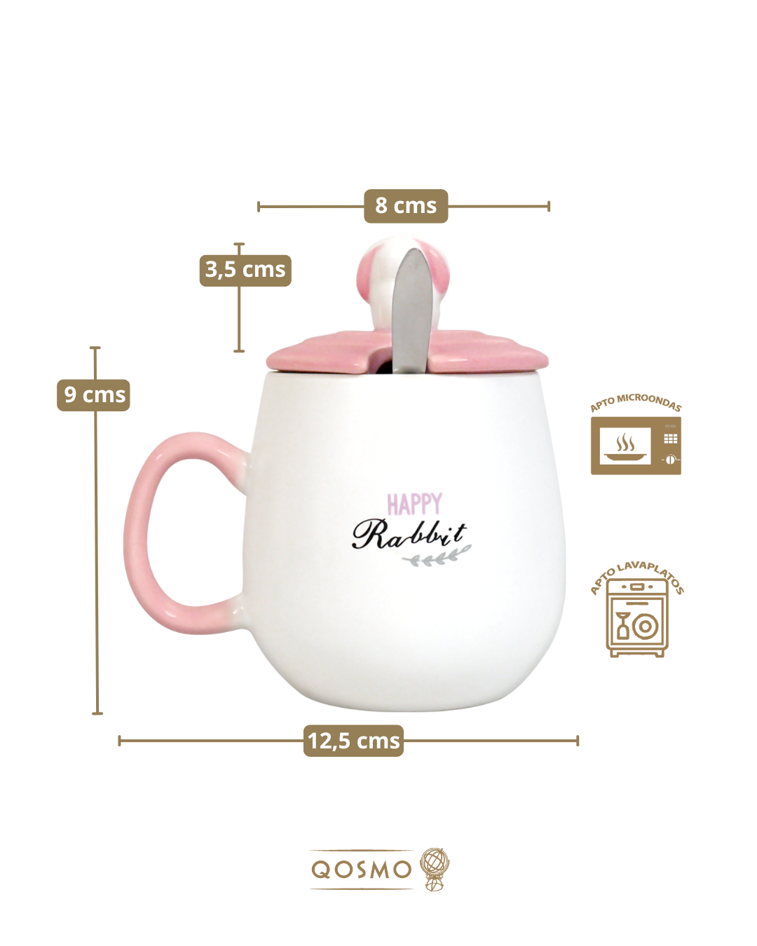 BUNNY FM-001 400 ml Taza 3D de cerámica con tapa y cucharita