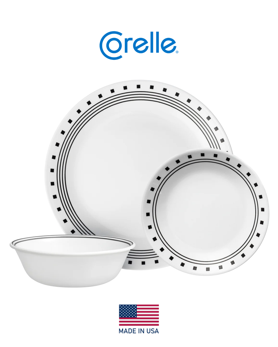 𝗖𝗜𝗧𝗬 𝗕𝗟𝗢𝗖𝗞 - 𝟭𝟮 𝗣𝗶𝗲𝘇𝗮𝘀 | Corelle - EE. UU. | Vajilla Vidrio Vitrelle 4 puestos - 12 platos