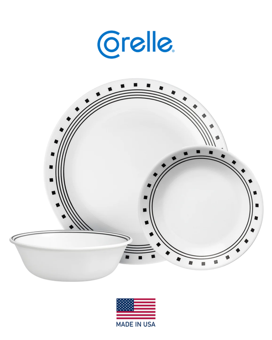 𝗖𝗜𝗧𝗬 𝗕𝗟𝗢𝗖𝗞 - 𝟭𝟮 𝗣𝗶𝗲𝘇𝗮𝘀 | Corelle - EE. UU. | Vajilla Vidrio Vitrelle 4 puestos - 12 platos