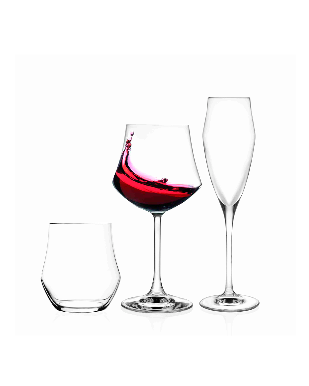 Set de cristalería europea 18 piezas: copas vino tinto, champagne y vasos bajos.