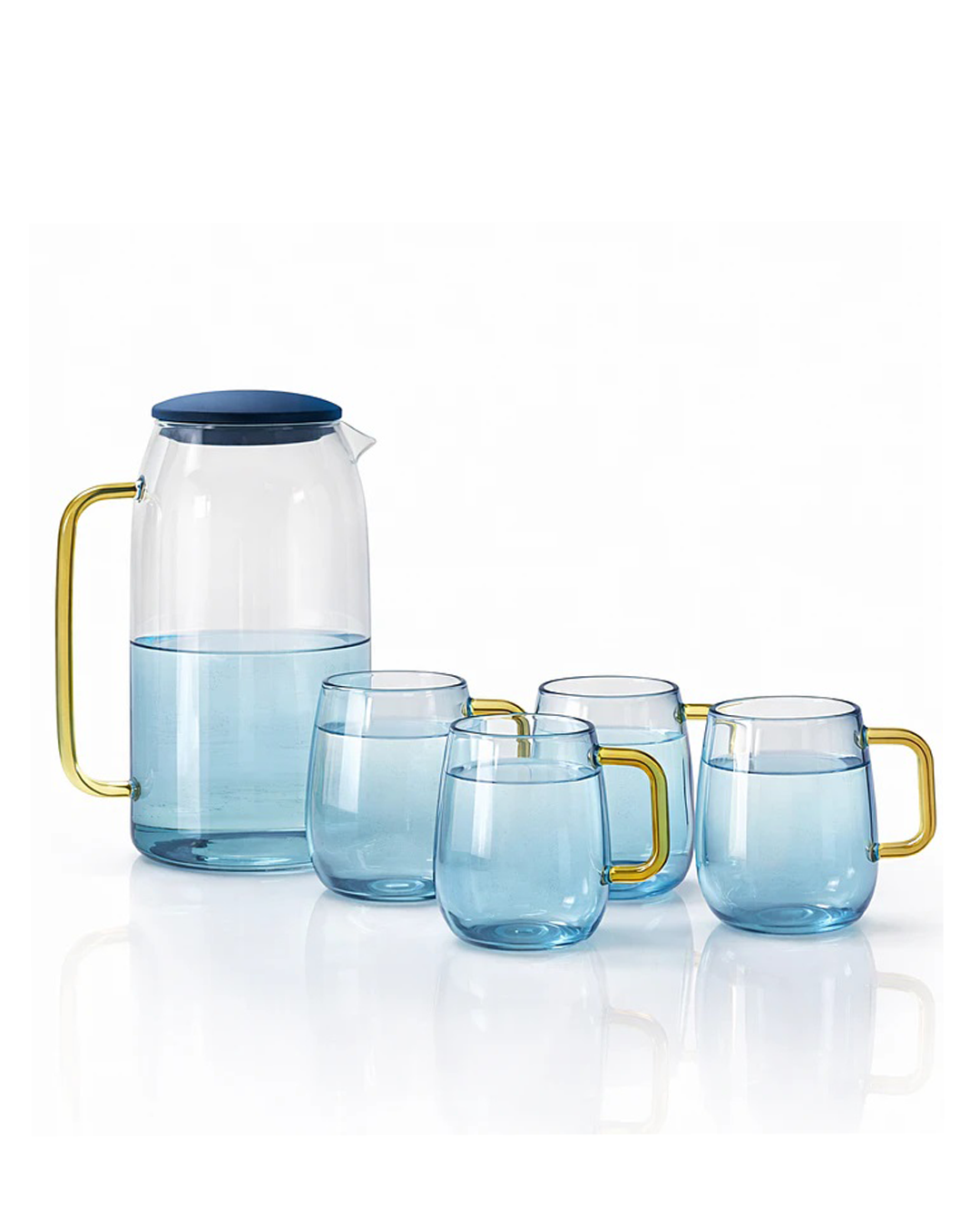 DEGRADÉ AZUL Set jarra de vidrio borosilicato 1.5L con 4 jars / tazas. Color: incoloro/celeste/azul con asas doradas - QOSMO PERU