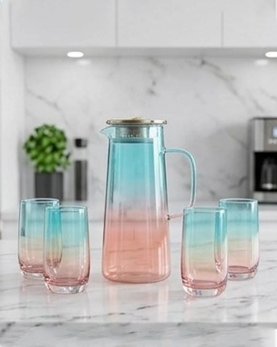 DEGRADÉ TORNASOL Set jarra de vidrio borosilicato 1.5L con 6 vasos. Color: celeste/rosado - QOSMO PERU