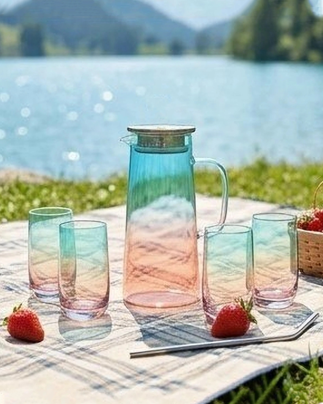 DEGRADÉ TORNASOL Set jarra de vidrio borosilicato 1.5L con 6 vasos. Color: celeste/rosado - QOSMO PERU
