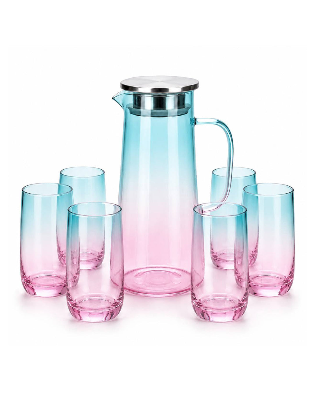 DEGRADÉ TORNASOL Set jarra de vidrio borosilicato 1.5L con 6 vasos. Color: celeste/rosado - QOSMO PERU