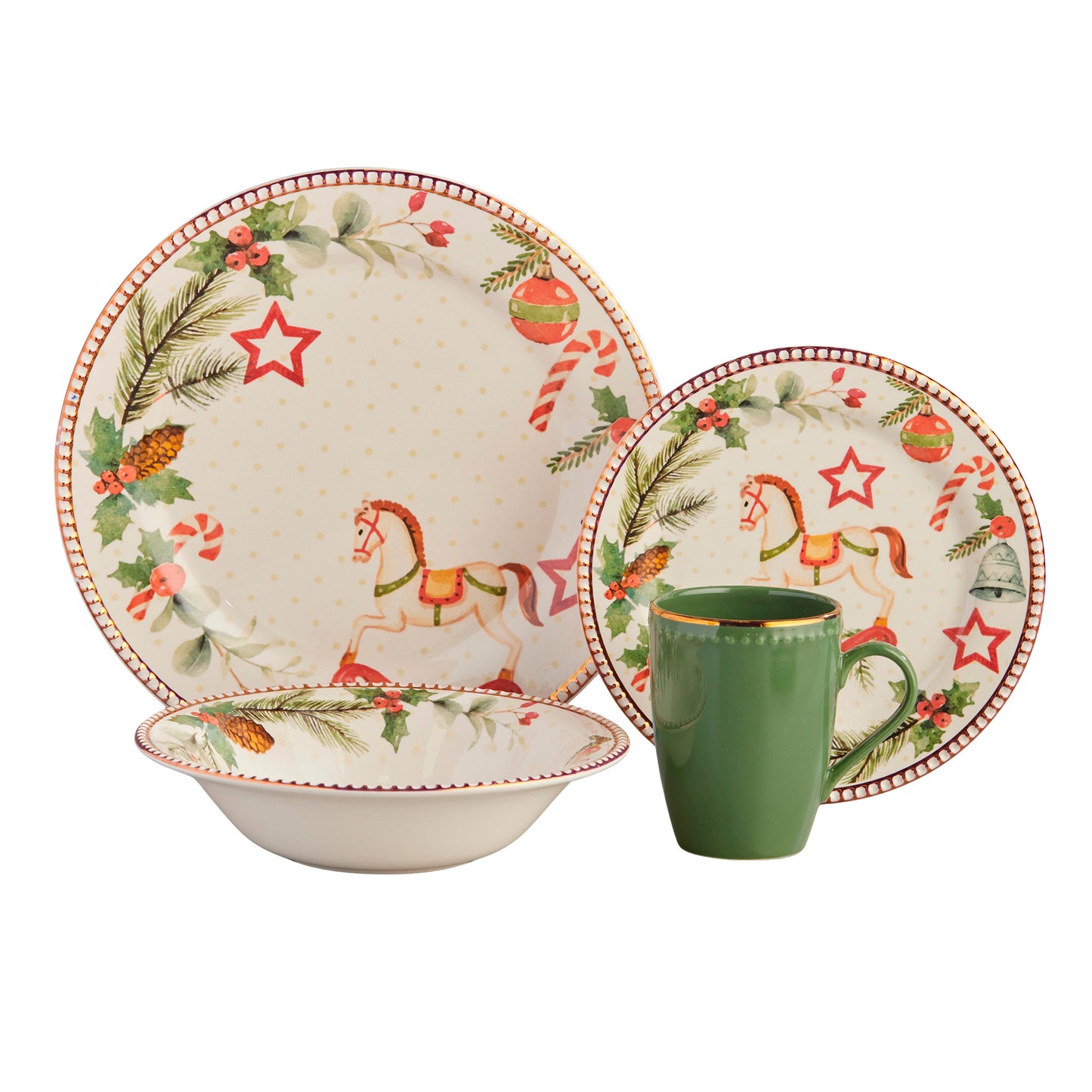 Vajilla Navidad SWEET CHRISTMAS con bordes dorados - 16 Piezas | Caballitos de Madera y Diseño Tradicional