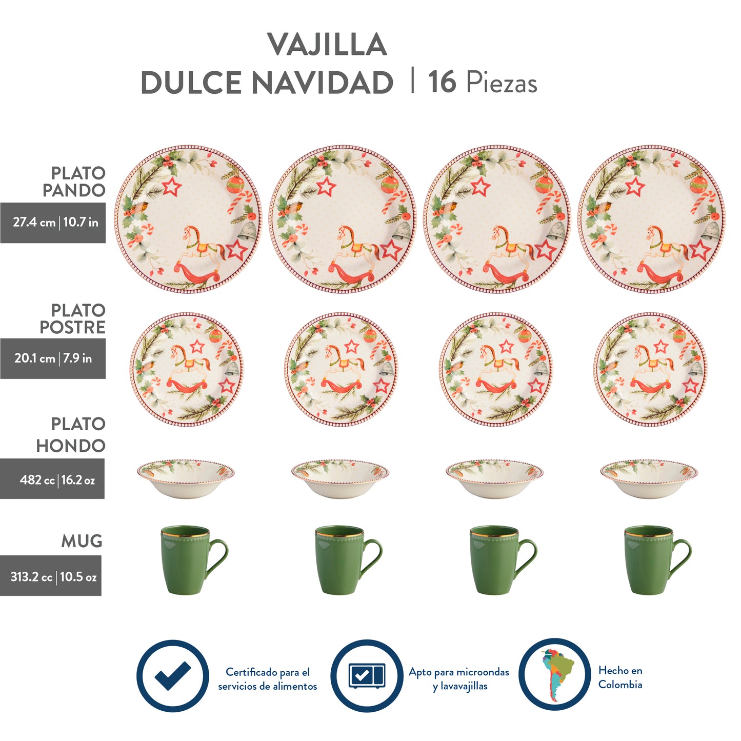 Vajilla Navidad SWEET CHRISTMAS con bordes dorados - 16 Piezas | Caballitos de Madera y Diseño Tradicional