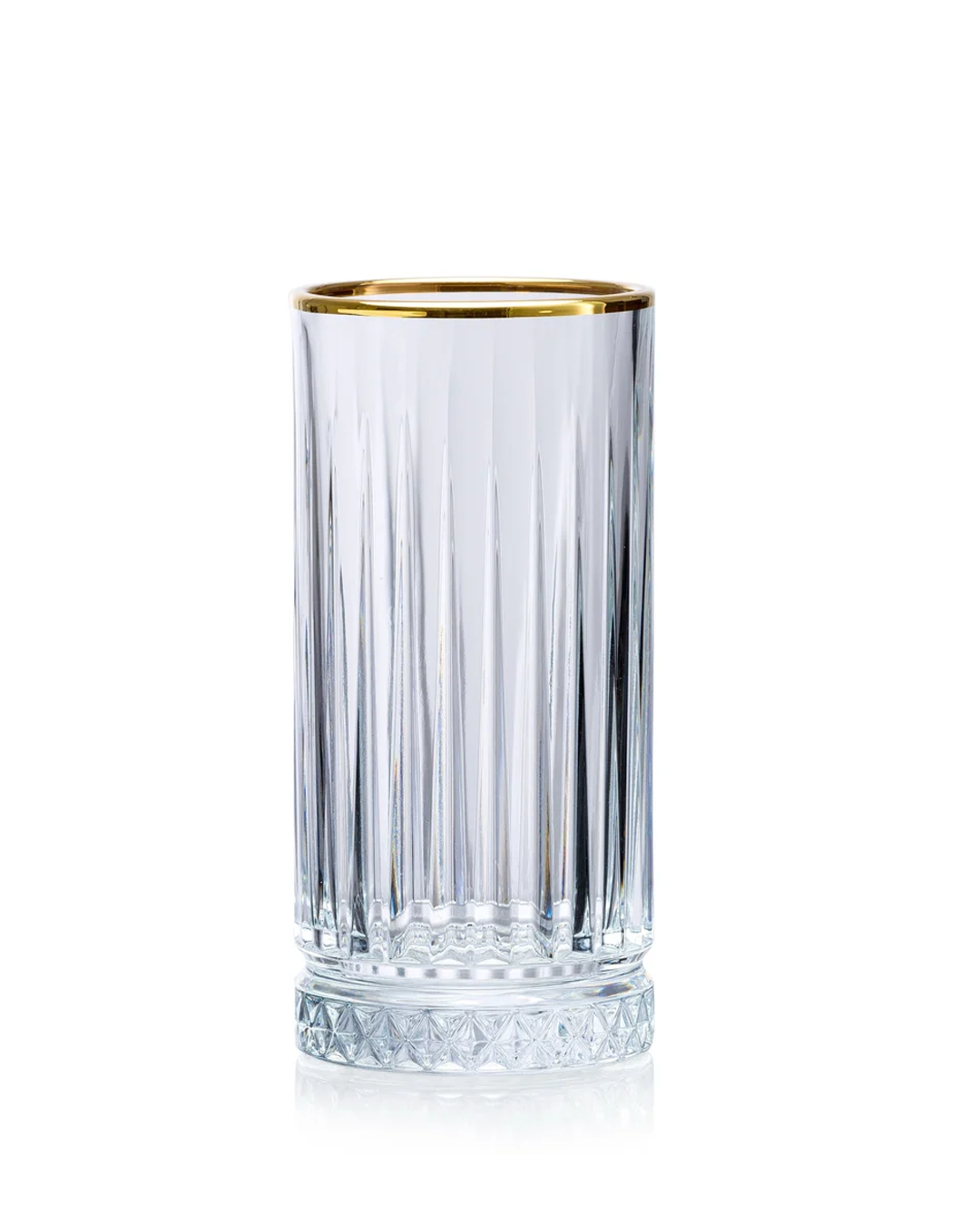 Elegante vaso largo con superficie acanalada, base diamantada y  borde dorado.   Capacidad: 365 ml. Hecho en Turquia. QOSMOPERU

