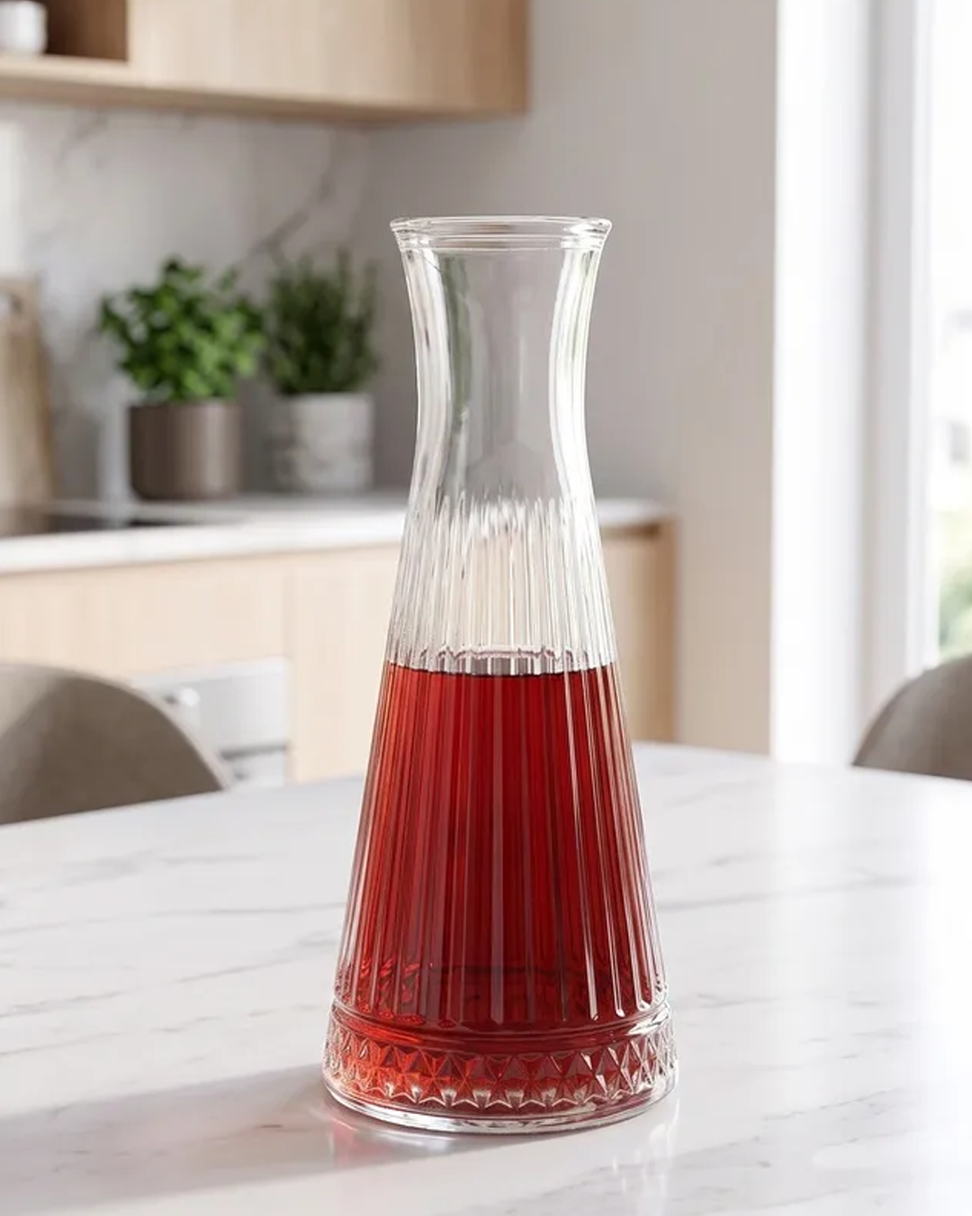 Karaf Elysia Pasabahçe 940cc, vidrio reciclado transparente, diseño Art Déco en comedor minimalista cálido