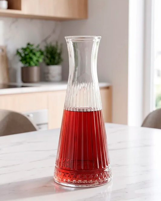 Karaf Elysia Pasabahçe 940cc, vidrio reciclado transparente, diseño Art Déco en comedor minimalista cálido