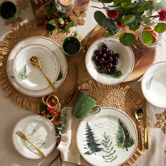 Vajilla Navidad GOLDEN CHRISTMAS con bordes dorados - 16 Piezas | Diseño de Pinos