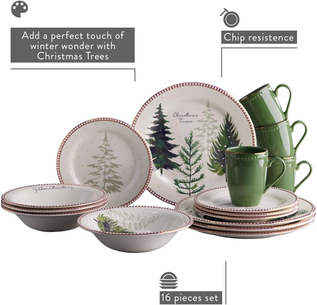 Vajilla Navidad GOLDEN CHRISTMAS con bordes dorados - 16 Piezas | Diseño de Pinos