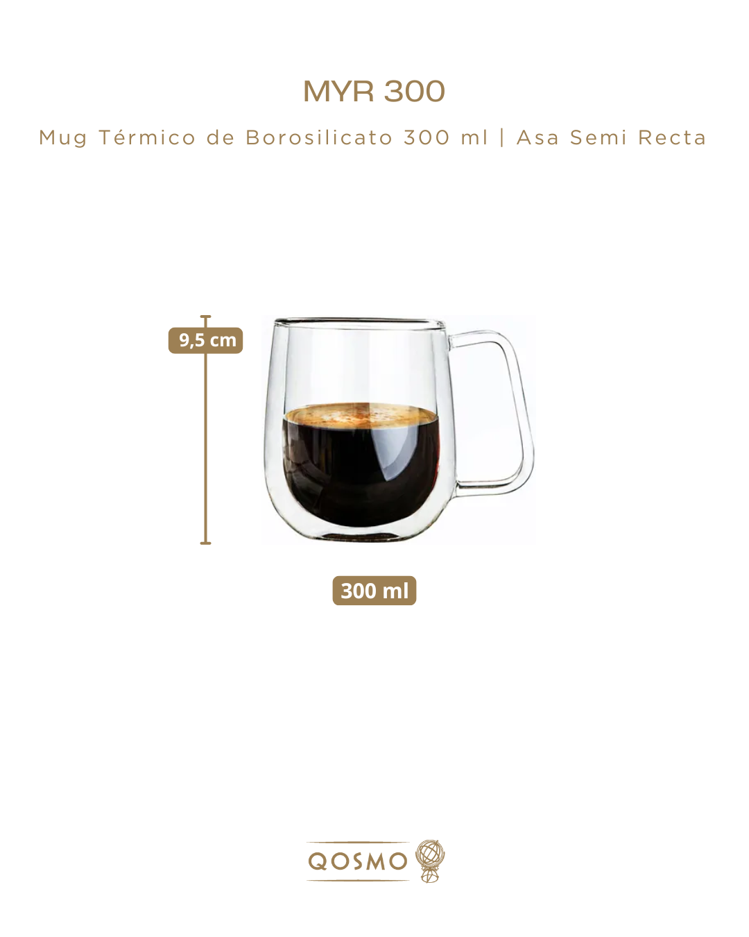 MUG TÉRMICO 300 ML | Doble Pared Borosilicato | Asa Semi Recta
