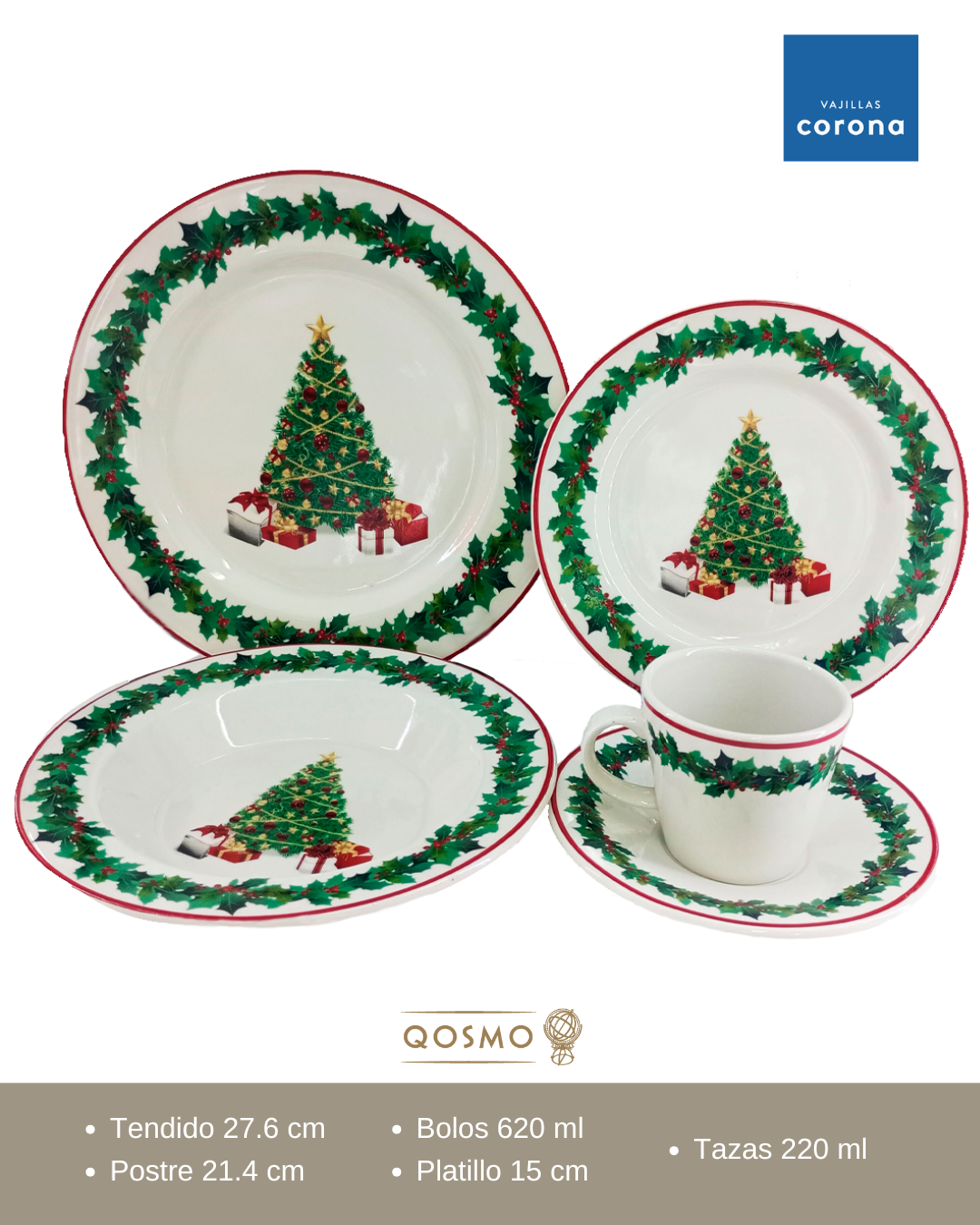 vajilla navideña con diseño de árbol de Navidad verde y corona de guirnalda con adornos vallas rojas. Loza marca Corona.