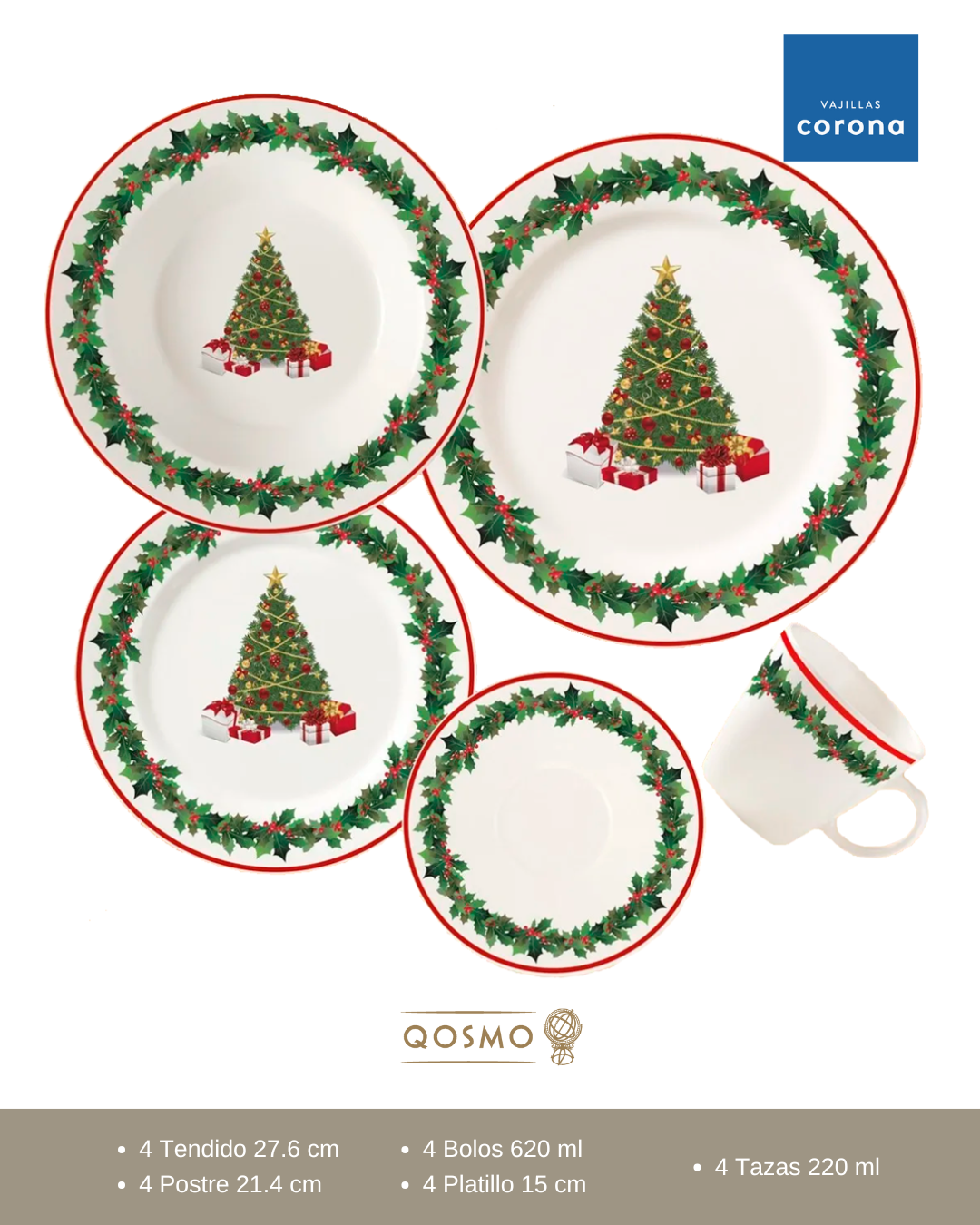 vajilla navideña con diseño de árbol de Navidad verde y corona de guirnalda con adornos vallas rojas. Loza marca Corona.
