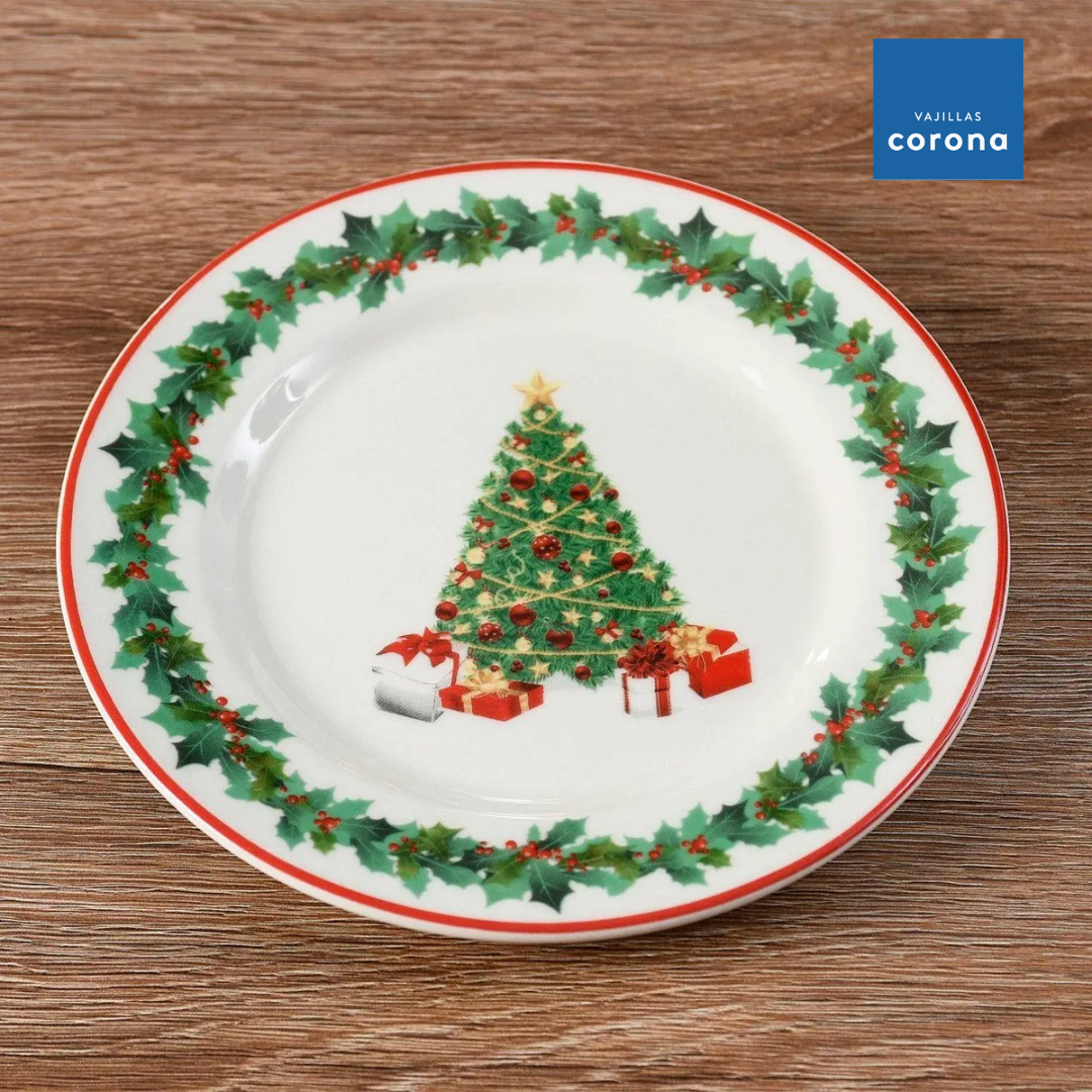 NOCHEBUENA - CORONA | Vajilla navideña decorado de árboles de Navidad, regalos y guirnaldas.