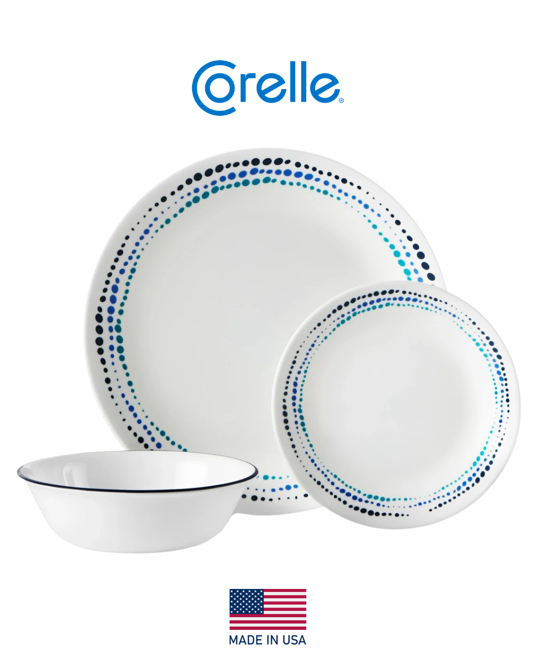 𝗢𝗖𝗘𝗔𝗡 𝗕𝗟𝗨𝗘𝗦 - 𝟭𝟮 𝗣𝗶𝗲𝘇𝗮𝘀 | Corelle - EE. UU. | Vajilla Vidrio Vitrelle 4 puestos - 12 platos
