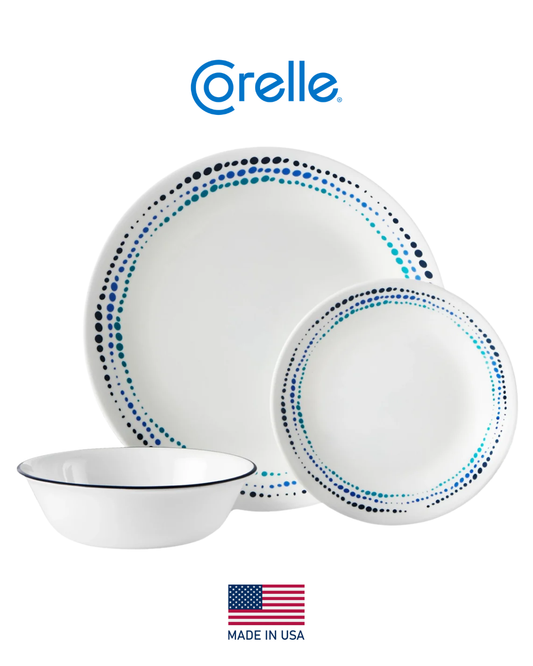 𝗢𝗖𝗘𝗔𝗡 𝗕𝗟𝗨𝗘𝗦 - 𝟭𝟮 𝗣𝗶𝗲𝘇𝗮𝘀 | Corelle - EE. UU. | Vajilla Vidrio Vitrelle 4 puestos - 12 platos