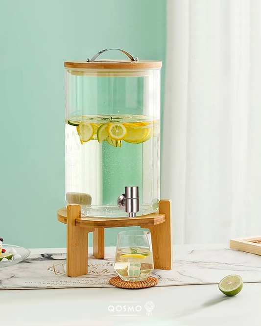 𝗢𝗦𝗔𝗞𝗔 𝟵, 𝟳 𝗬 𝟱 𝗟𝘁𝘀. - Dispensador apto para líquidos calientes 🔥 Vidrio borosilicato con caño de acero. Tapa hermética. Base de madera.