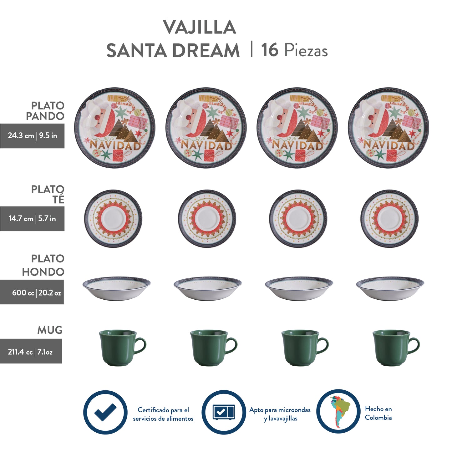 Vajilla Santa Dream - 16 Piezas | Diseño Navideño con Santa Claus