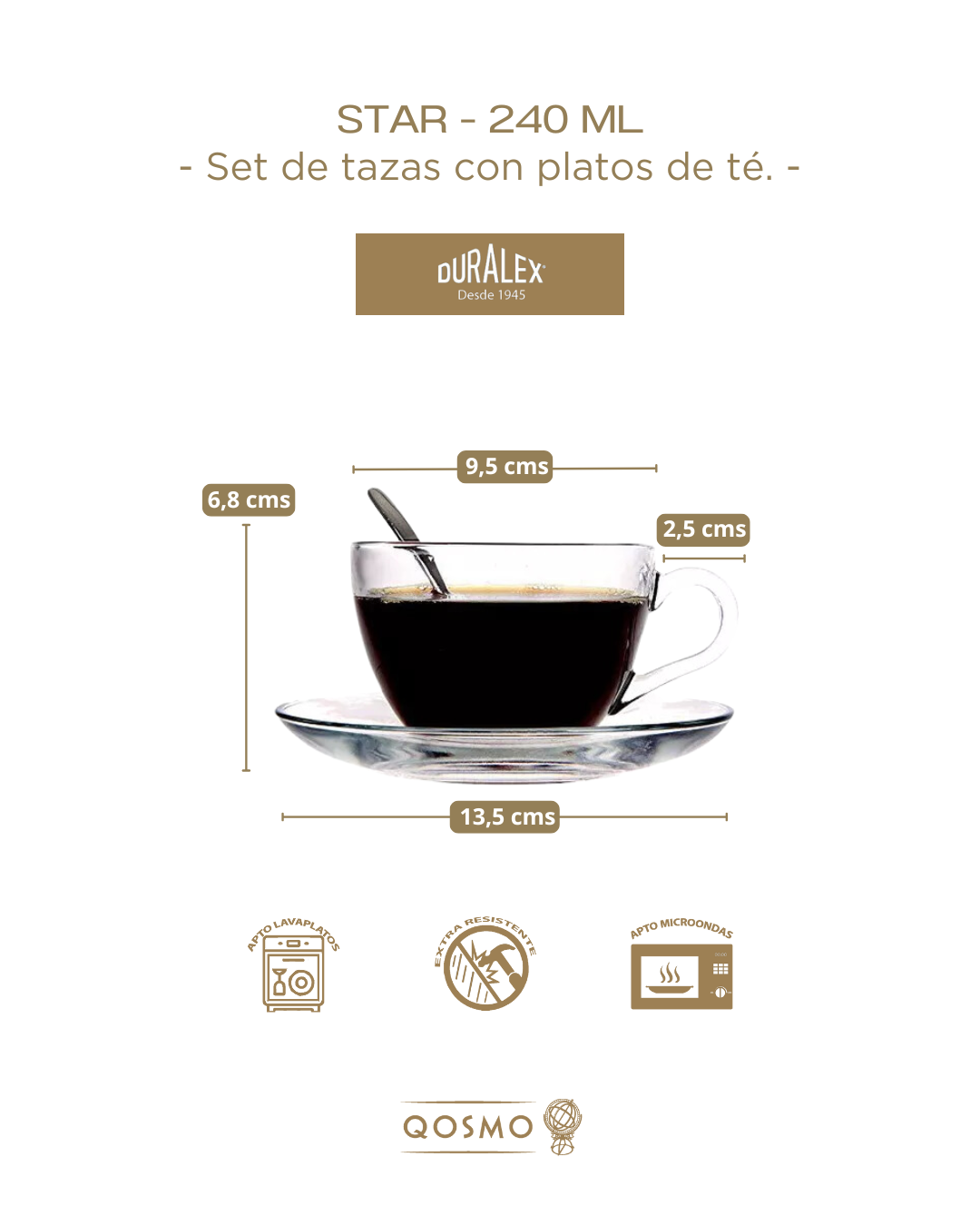 STAR 240 ML | Tazas con Plato en Vidrio Templado - Glassware