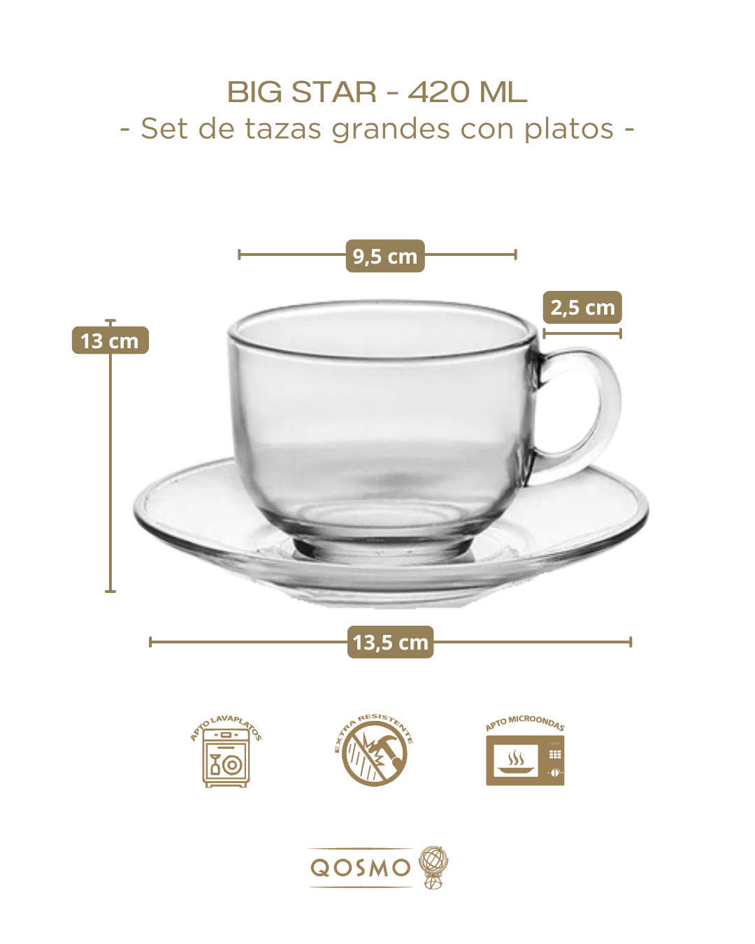 BIG STAR 420 ML | Tazas Grandes con Platos - Glassware - Vidrio Templado