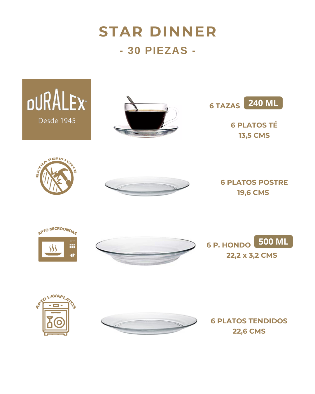STAR DINNER - DURALEX - 30 Piezas | 6 Personas