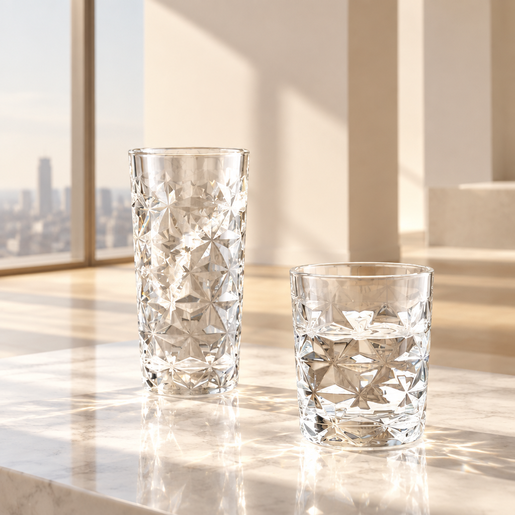Vasos largos 360 ml y vasos cortos 300 ml. Vidrio cristalino. Superficie con relieves en forma de estrellas.