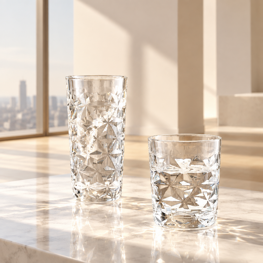 Vasos largos 360 ml y vasos cortos 300 ml. Vidrio cristalino. Superficie con relieves en forma de estrellas.