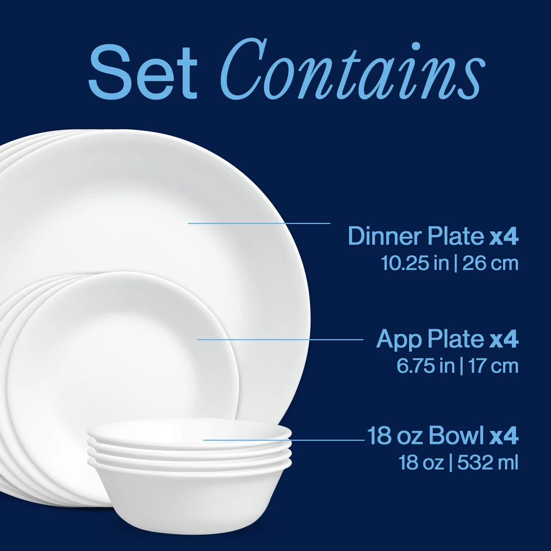 𝗙𝗥𝗢𝗦𝗧 𝗪𝗛𝗜𝗧𝗘 - 𝟭𝟮 𝗣𝗶𝗲𝘇𝗮𝘀 | Corelle - EE. UU. | Vajilla Vidrio Vitrelle 4 puestos - 12 platos