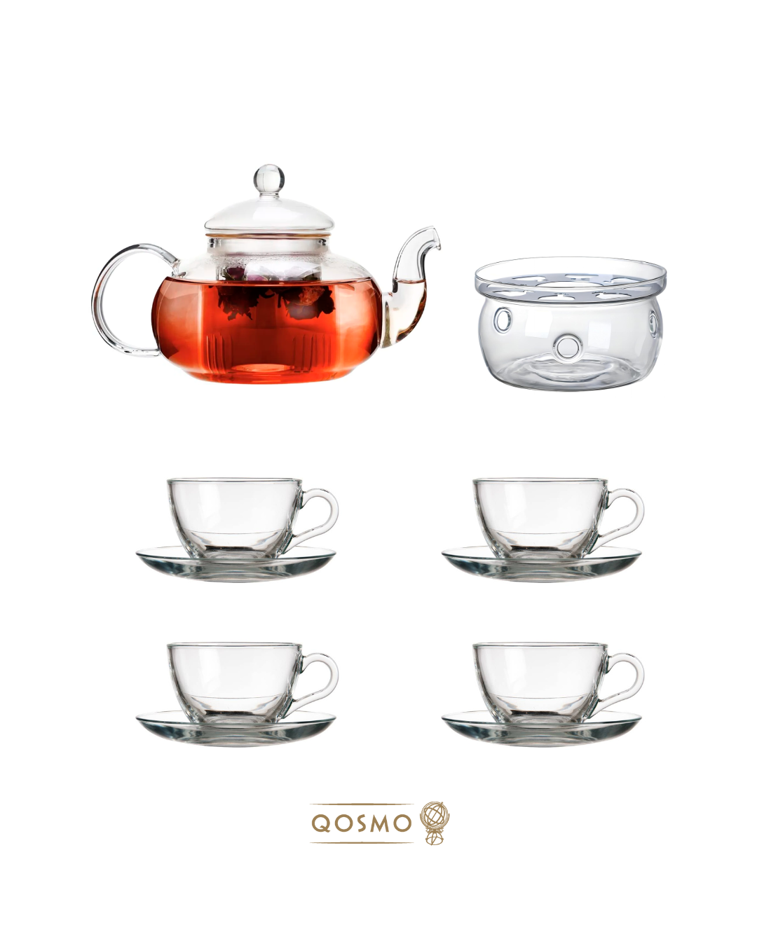 Set en té en vidrio borosilicato y templado. Tetera con calentador y tazas con platos