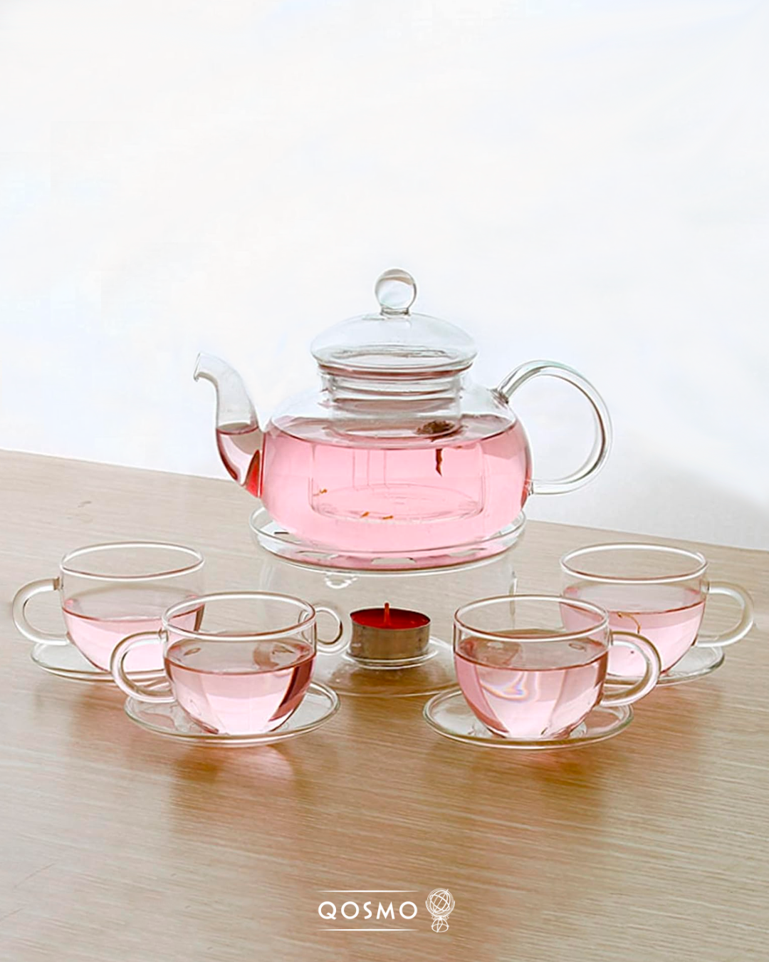 Juego o set de té que incluye: Tetera de 1 litro con filtro infusor más  base calentador vidrio borosilicato y 4 tazas de 240 ml en  vidrio templado.