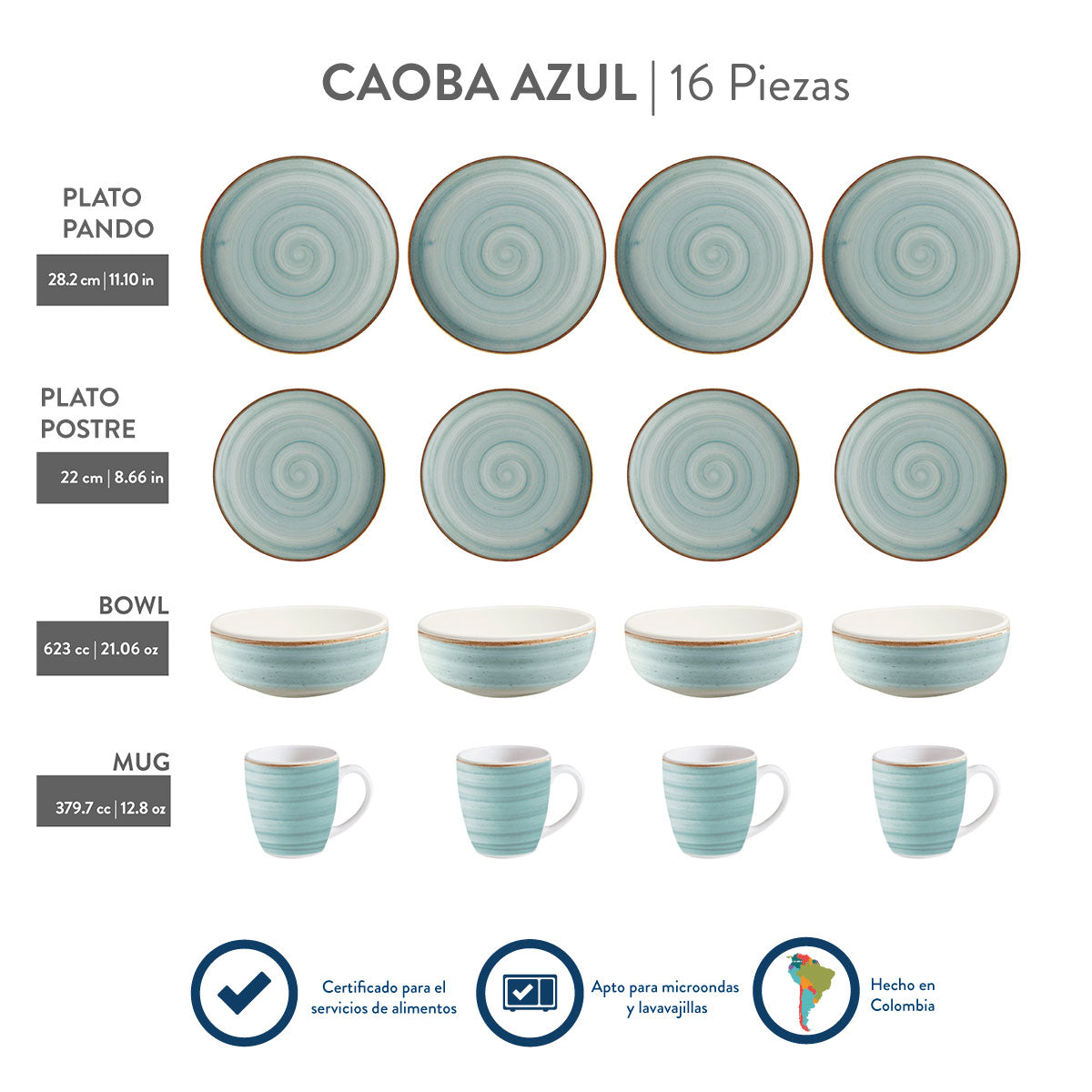 Vajilla Corona Caoba Azul: platos, cerealeros y mugs en azul con borde marrón.