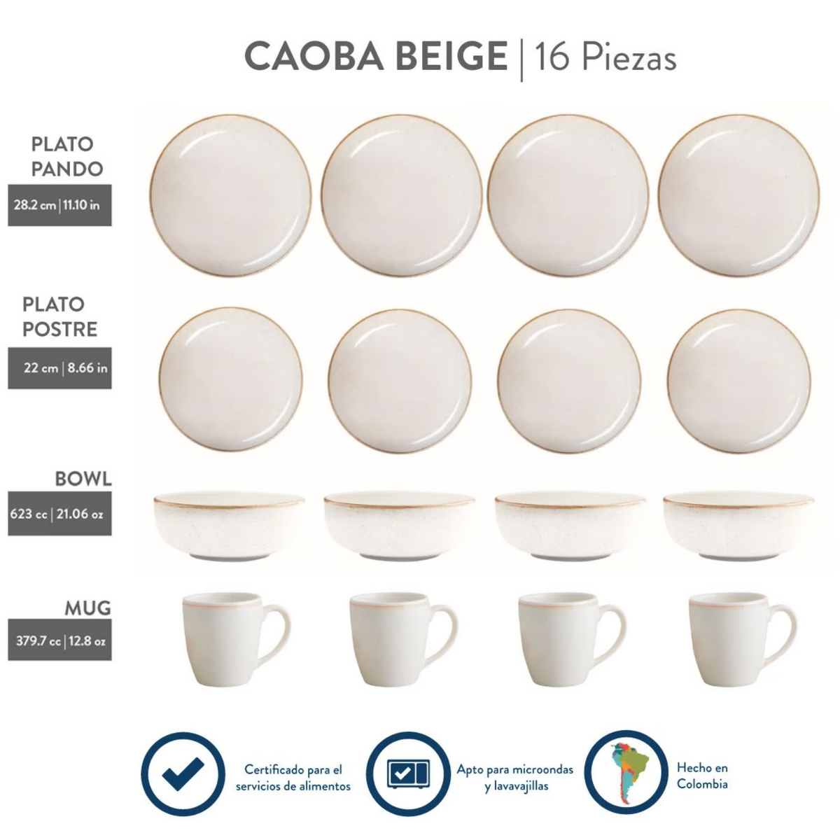 Vajilla Corona Caoba Beige: platos, cerealeros y mugs en azul con borde marrón.